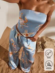 Opulessa Conjunto de 2 piezas de top bandeau y pantalones estampados de gasa para mujer, ideal para vacaciones de primavera/verano - Celeste - Ver 8