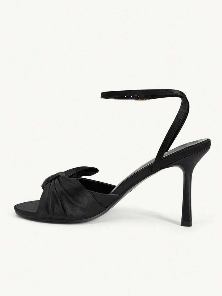 CUCCOO CHICEST Women Shoes Black Satin Bow Element Fashion Elegant Ankle Strap Round Toe High Heel Sandals