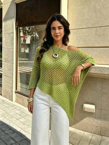 SHEIN Holidaya Women's Solid Color Hollow Casual Versatile Daily Wear Sweater - Mint Green - View 4