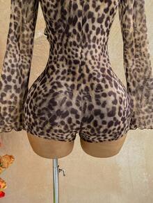Soleia Mono largo de manga larga con escote en V profundo y estampado de leopardo vintage para vacaciones de mujer - Café integral - Ver 5