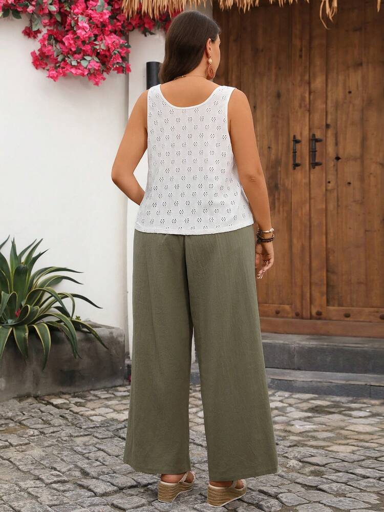 Plus Size Women Embroidered Hollow-Out Tank Top And Textured Drawstring Waist Pants Set