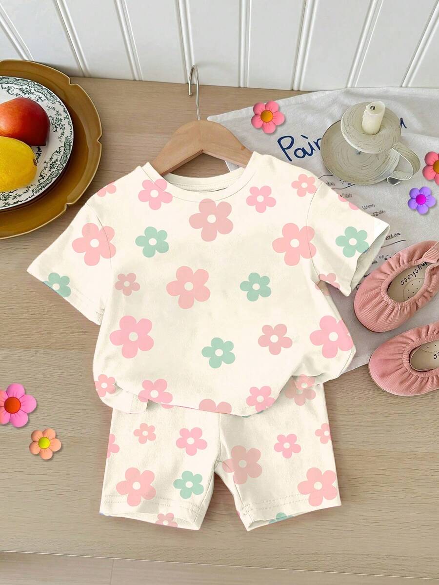 2pcs Baby Girls' Casual Floral Print T-Shirt And Shorts Set, Comfortable For Everyday Wear, Suitable For Summer - Multicolor - View 1