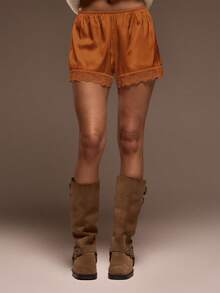 MUSERA Elasticated Satin Pull On Lace Trim Shorts Cute Summer Vacation Boho Summer Cute Pants Spring Holiday - Rust Brown - View 2