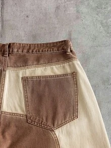 AXEPEAK Men's Pockets Button Patchwork Contrast Color Washed Retro Streetwear Denim Jeans Holiday Beige Summer - Brown - View 7