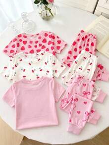 LMoss Kids Cute & Sweet Bow Heart Print, Pink, Baby Girl Casual Minimalist Snug Fit Round Neck Short Sleeve Pants Pajamas, Suitable For Summer - Pink - View 2