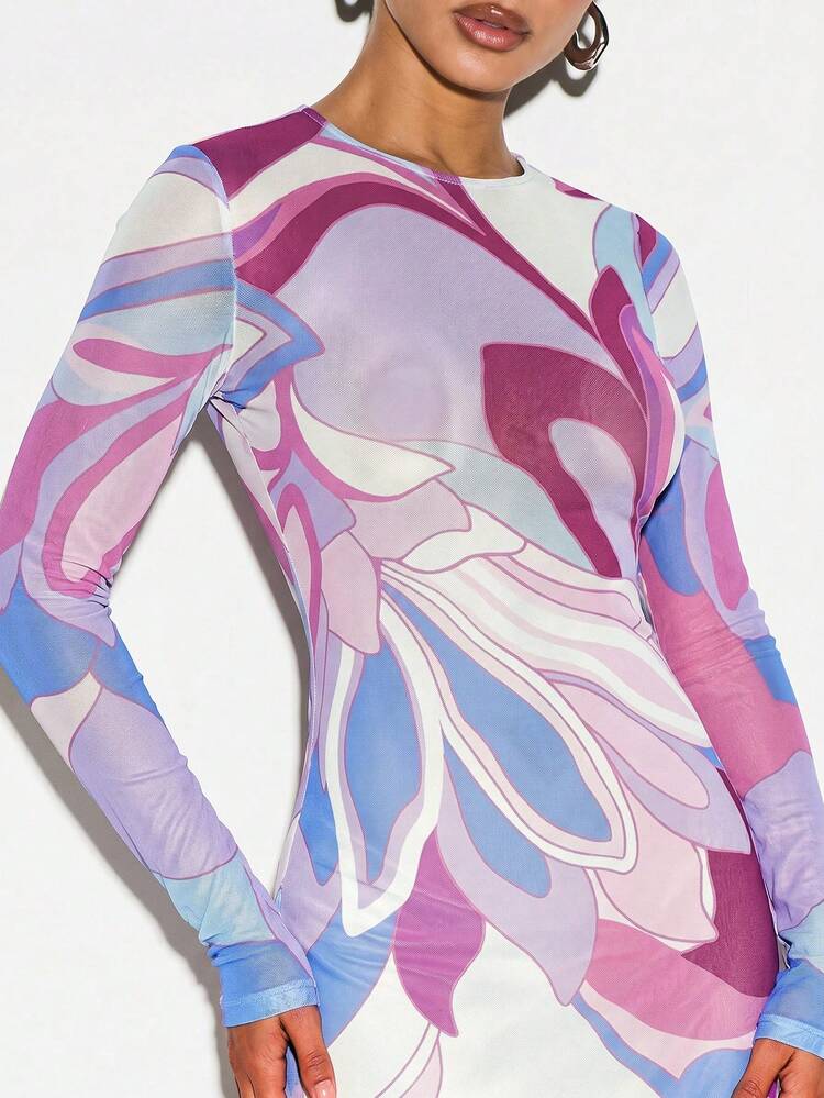 KIZN Printed Mesh Sheer Maxi Dress With Long Sleeves