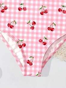 Cute & Sweet Nimitz Cherry Plaid, Young Girls Casual Minimalist One-Piece Swimsuit Suitable For Summer - Multicolor - View 4