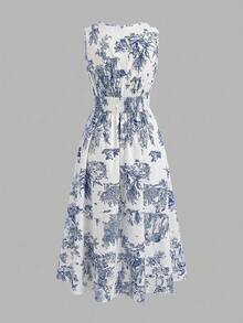 CURVE Vestido maxi de mujer talla grande con estampado floral azul y blanco de estilo chinoiserie, sin mangas, cuello redondo, con encaje calado y volantes en la línea A, vintage casual, para ir al trabajo, playa y uso diario, nueva llegada de verano - Azul y blanco - Ver 2