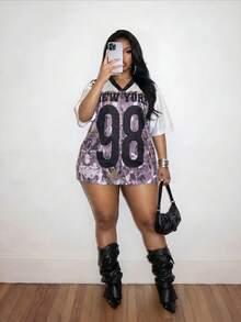 Slaydiva Women Plus Size T-Shirt,Black And White,Summer,Gothic,Everyday,Y2K Sports Jersey Loose Short Sleeve V-Neck Camouflage Green Plant Active Holiday - Multicolor - View 5