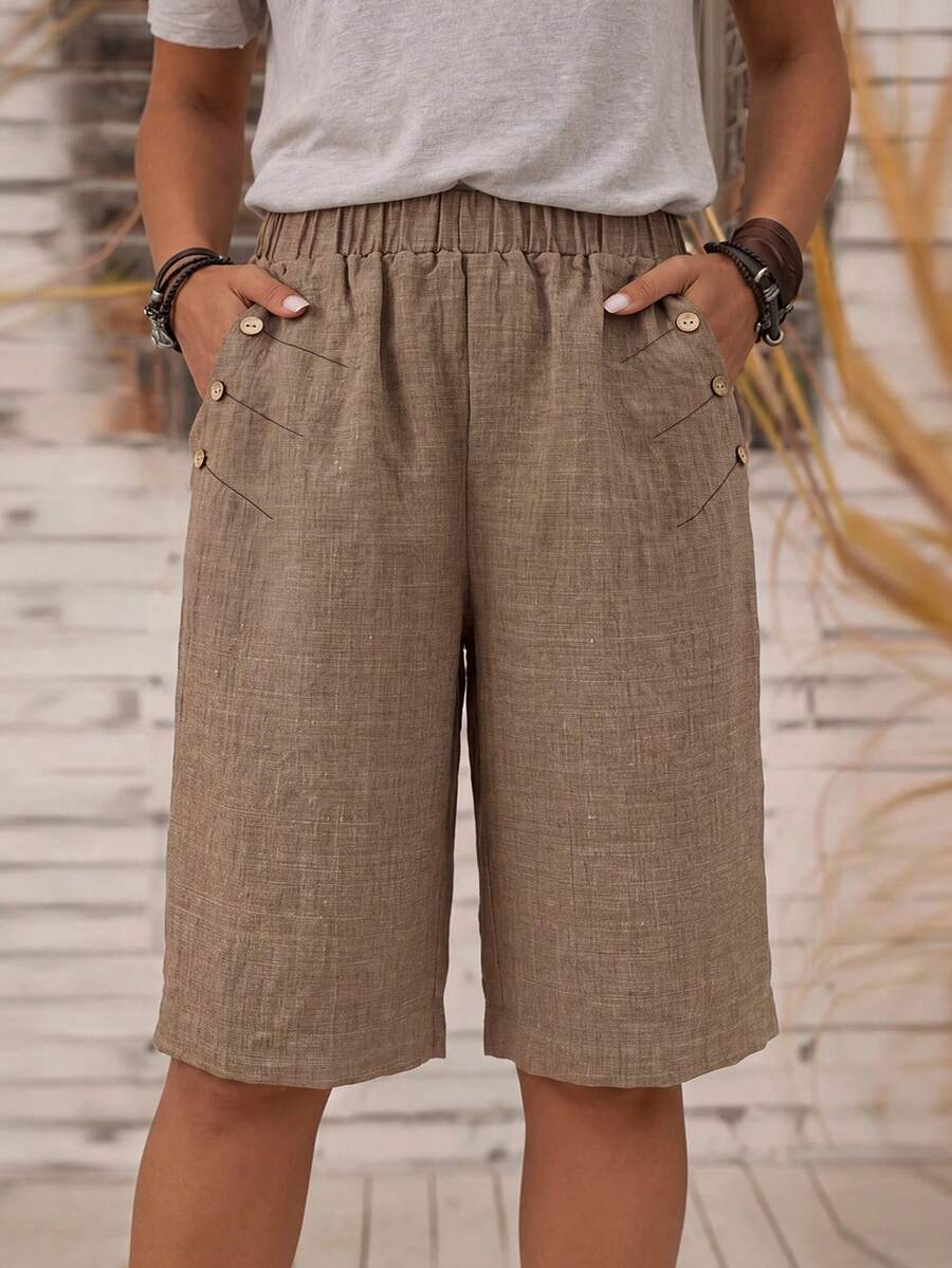 Balvessa Quần Bermuda ống rộng dáng suông 5 phút, chất liệu cotton lanh, cạp chun, thiết kế cài nút bên hông, kiểu dáng thường ngày thoải mái. - Màu Khaki - Xem 1