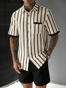 SLATEMANN Men's Casual Striped Patchwork Shirt Set - Multicolor - View 6