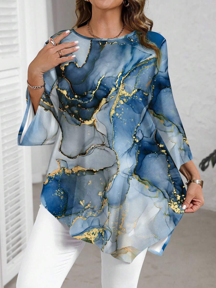 EMERY ROSE Plus Size Casual Minimalist All-Over Print Shirt, Spring/Autumn Fall - Multicolor - View 1