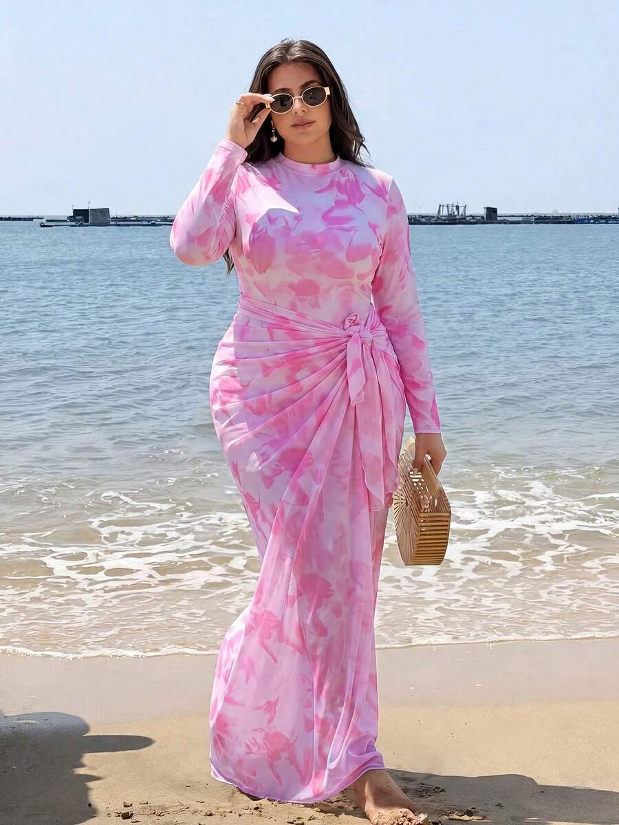 Swim Shayni 大尺碼女款花卉印花荷葉邊長袖連身泳衣與裙子比基尼套裝,適合海邊度假、泳池派對、海灘派對 - 彩色 - 查看 1