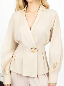 PRISCILA ESCOTO PRISCILA ESCOTO Stylish Metallic Pleated Elegant Fitted Cotton Blouse For Women, 100% Cotton Fitted A-Line Long Sleeve Blouse. Winter Spring - Apricot - View 4