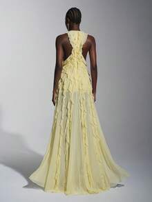 Elitara Elegant Minimalist Multi-Layered Ruffled Cold Shoulder Asymmetrical Fishtail A-Line Romantic Women's Formal Evening Gown - Light Yellow - View 10