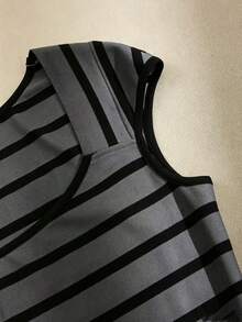 Franclia Women's Elegant Fitted Striped Square Neck Slimming Colorblock Commuter Office Dress, Spring/Summer, Bodycon, Slit, Stretchy - Dark Grey - View 4