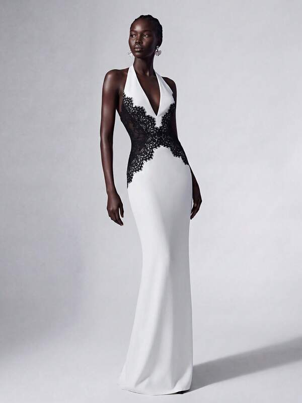 Elitara Elegant And Simple Black And White, With Eyelash Lace Trim And Knitwear, Halter Neck, Sheer Waist, And Fishtail Skirt, Suitable For Formal Wear.