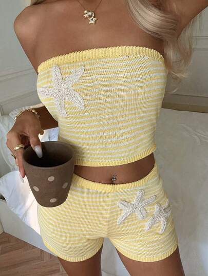CovetEZ Women's Summer Casual Knitwear Set: Yellow And White Striped Knit Top With Starfish Pattern, Paired With Matching Tight-Fitting Shorts. A Sweet And Lovely Casual Loungewear Set Perfect For Summer Vacations, A Must-Have For Beach Getaways. Stylish Women's Yellow And White Striped Knit Top And High-Waisted Shorts Set, Adorned With Starfish Pattern, Ideal For Summer Relaxation At Home.