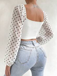 SHEIN Allurite 女士波点印花灯笼袖前抽绳时尚衬衫 - 黑與白 - 查看 2