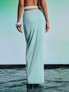 Barévion Women's Solid Color Fashionable Design Long Skirt, Beach Dusty Blue Sexy - Cadet Blue - View 9