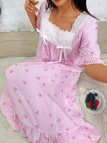 Napfluff Camisón de mujer de manga corta con estampado de rayas y lazo, ropa de dormir dulce y linda, vestido delgado de longitud media para el verano - Rosa - Ver 6