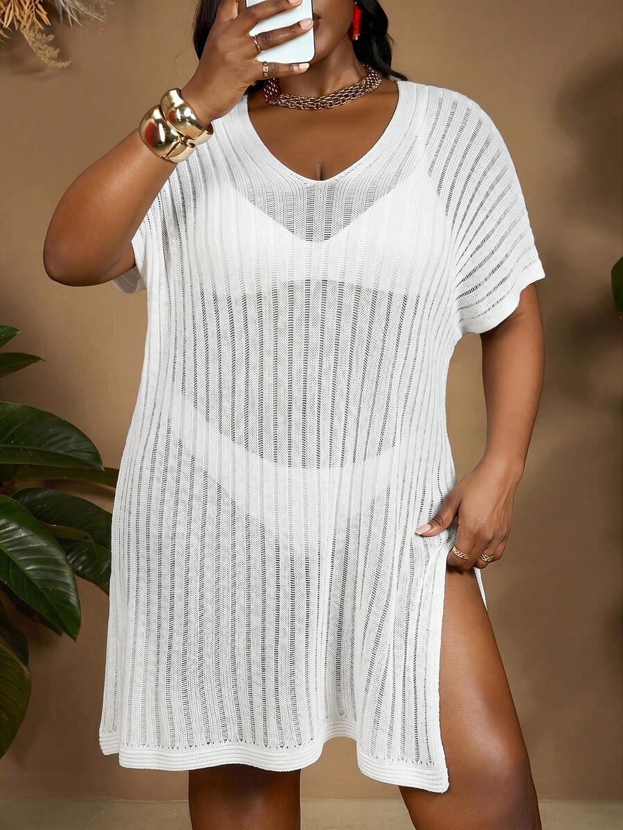 SHEIN CURVE+ 夏季沙滩大码蝙蝠袖开衩大腿罩衫连衣裙(不含比基尼套装),曲线加大码,Hoho Vacation沙滩装扮,女士/沙滩裙/沙滩度假装扮/沙滩必备/毕业典礼/下午茶派对连衣裙 - 白色 - 查看 1