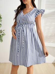 SHEIN Váy bầu tay ngắn kẻ sọc, buộc dây phía trước - Màu xanh lam - Xem 1
