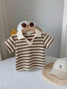 SHEIN LMoss Kids 可爱休闲条纹纹理 Polo 衫，男女宝宝皆宜，适合夏季居家、外出和旅行穿着。 - 彩色 - 查看 7