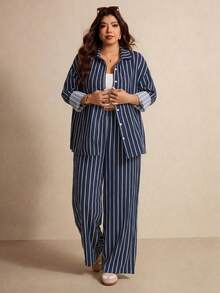 Elaquor Casual Minimalist Nautical Style Navy Blue Base Color Rope White Stripe Print Pattern Plus Size 2-Piece Set - Multicolor - View 5