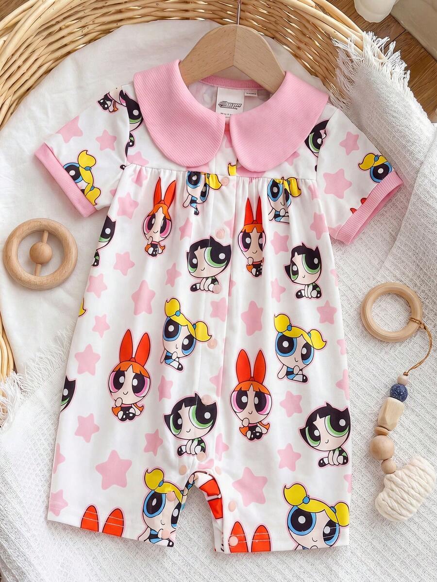 THE POWERPUFF GIRLS X SHEIN Barboteuse à manches courtes mignonne avec imprimé étoiles pour bébé fille - Rose pâle - Voir 1