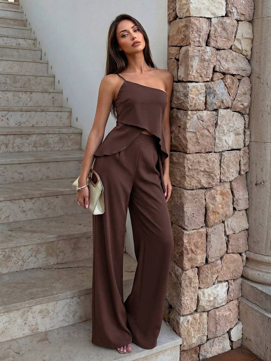 Firerie Bộ đồ nữ thanh lịch gồm áo hai dây lệch vạt, hở lưng và quần cạp cao, thích hợp cho đi biển, Hawaii, lễ hội âm nhạc. - Gỗ đỏ - Xem 1