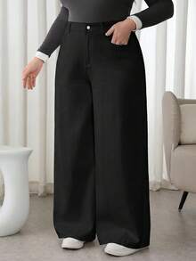 SHEIN Tall CURVE 大尺碼女款休閒寬鬆口袋牛仔長褲 高腰寬腿褲 純白色 寬鬆版型 全長休閒長褲 日常穿搭 通勤法式休閒 冬春 聖誕節 新年 感恩節 假期 畢業 穿搭 時髦 Y2K 可愛街頭風 Coquette 派對 婚禮 優雅商務休閒 女款極簡長褲 - 黑色 - 查看 4