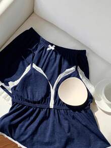 Comfortcana 大尺碼女款兩件套，內墊吊帶背心與蕾絲飾邊短褲套裝，適合夏季、秋季、休閒、返校，海軍藍 - 藏蓝色 - View 4