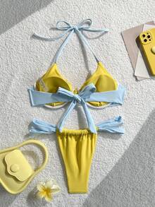 Bonvoyette 女士黑白撞色细肩带露背海星装饰性感沙滩比基尼泳装，夏季 - 黃色 - 查看 5