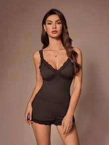 Lazeform Minimalist American Style Lace Trim V-Neck Camisole And Shorts 2-Piece Pajama Set, Solid Color - Chocolate Brown - View 6