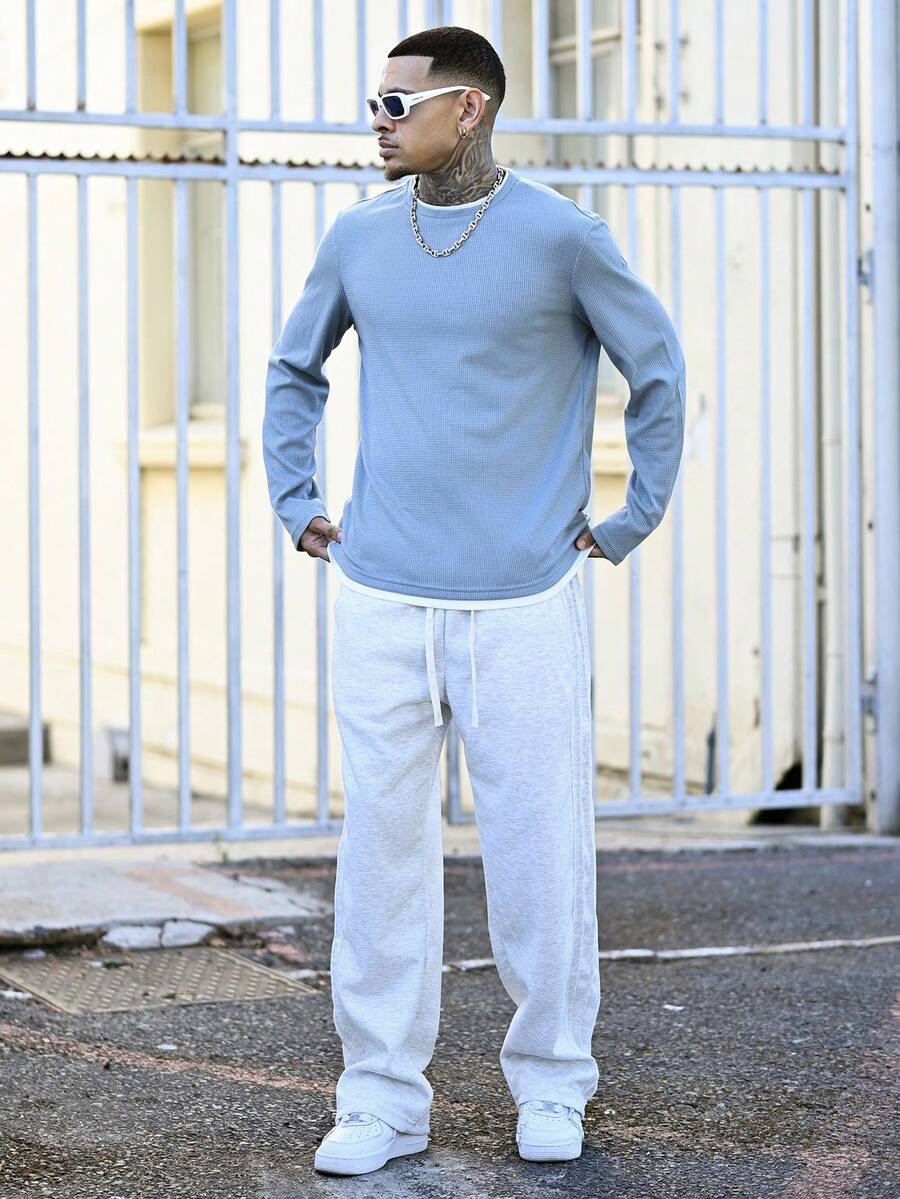 Devon Thys 男士纯色华夫格针织二合一T恤,秋季长袖上衣 - 藍色 - 查看 1