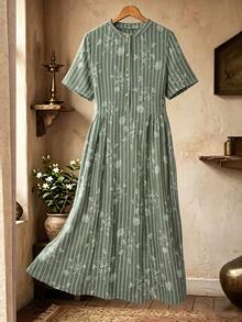 Rusticease Women's Floral & Striped Short Sleeve Casual Dress For Vacation - Limelight Green - View 7