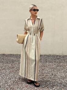 Livesso Damenlanges gestreiftes Kleid mit Revers-V-Ausschnitt und taillierter Taille Sommerkleid - Khaki - Übersicht 4