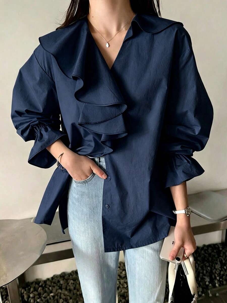 Cévolie V-Neck Ruffled Hem Loose Blouse - Navy Blue - View 1