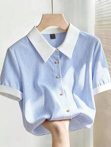 SHEIN Franclia Áo sơ mi nữ tay ngắn dáng rộng, cổ bẻ, kẻ sọc xanh thanh lịch, thích hợp mặc mùa hè, đi biển, mặc thường ngày, đi nghỉ mát, đi làm. - Màu xanh lam - Xem 1