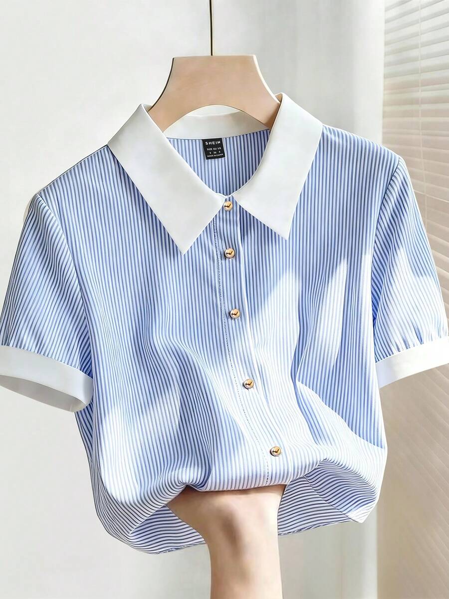 SHEIN Franclia Áo sơ mi nữ tay ngắn dáng rộng, cổ bẻ, kẻ sọc xanh thanh lịch, thích hợp mặc mùa hè, đi biển, mặc thường ngày, đi nghỉ mát, đi làm. - Màu xanh lam - Xem 1