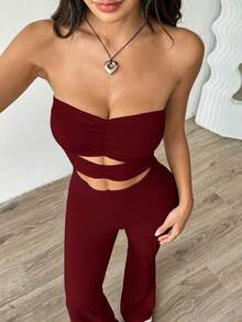 SHEIN Unity Women's Solid Color Ruched Hollow Casual Jumpsuit - Burgundy - View 3