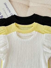 SHEIN LMoss Kids 3件套少女休闲提花针织纯色圆领短袖上衣 - 彩色 - 查看 4