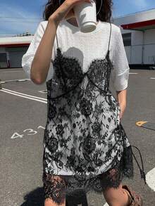 DAZY 女款蕾絲拼接無袖 2 合 1 短袖連身裙 夏季陽光裙 - 白色 - 查看 4