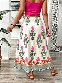 EMERY ROSE Plus Size Floral Print Casual Elegant Skirt Vacation Pink Floral Summer - Multicolor - View 4