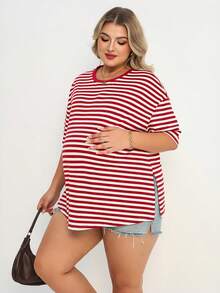 Plussiva 孕妇加大码圆领条纹拼接休闲日常上衣 - 紅白色 - 查看 4