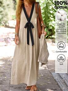 SHEIN Holidaya Đầm nghỉ mát mùa hè 100% cotton kiểu Bohemian, đầm cổ chữ V thiết kế nơ phối màu tương phản thời trang kiểu khu nghỉ dưỡng đảo, chất liệu mềm mại thoải mái, trang phục đi biển cho nữ/đầm hè cho nữ/thích hợp cho mặc hàng ngày, đi nghỉ mát. - Màu Khaki - Xem 4