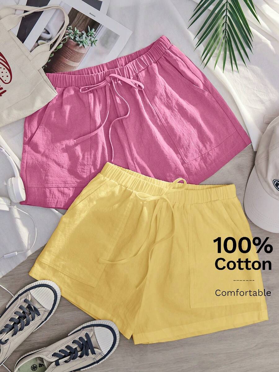 Comfortcana 2件組大尺碼寬鬆粉色與黃色短褲套裝，休閒夏季度假風 - 彩色 - 查看 1