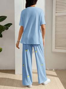 GentleRue Maternity Maternity Casual Lemon Embroidery T-Shirt And Pants 2 Pieces Set Maternity Photoshoot Light Blue Summer - Blue - View 2