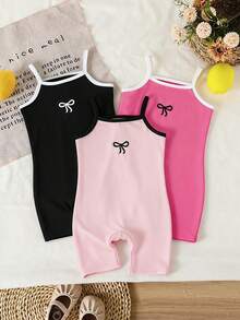 SHEIN 3pcs Set Romper Bayi Perempuan Rajut Manis Atasan Camisole & Celana Pendek, Musim Panas - MultiWarna - View 3